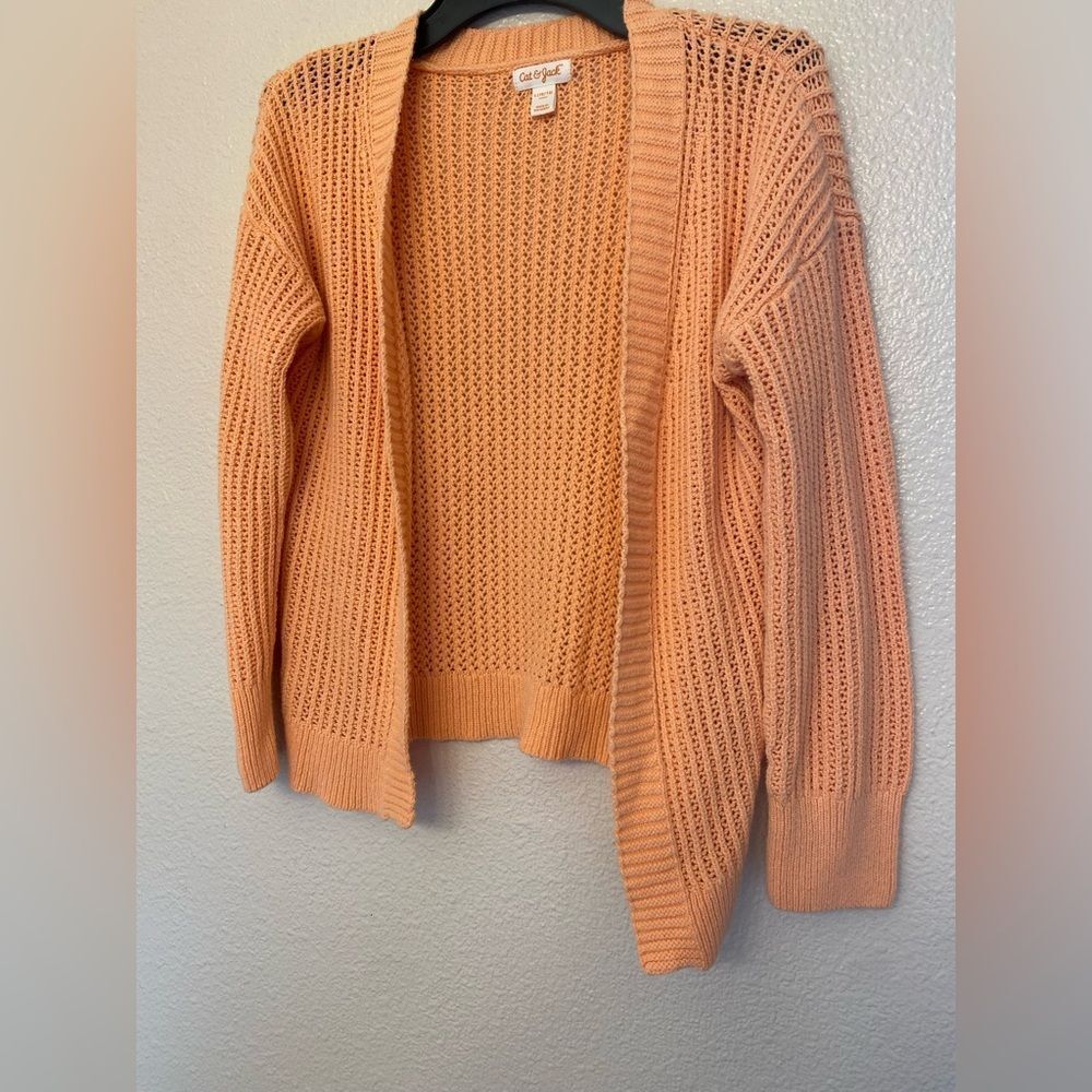 Cat & Jack girls open knit open front cardigan sweater coral orange L 10-12
